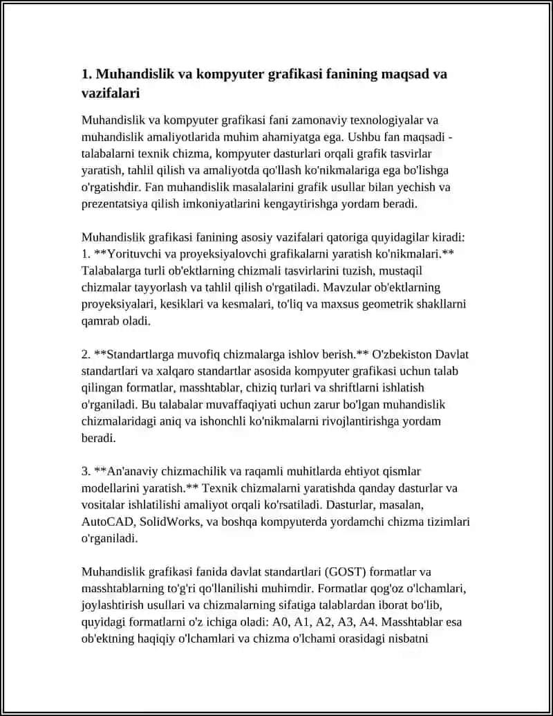 MUHANDISLIK VA KOMPYUTER GRAFIKASI FANINING MAQSAD VA VAZIFALARI DAVLAT STANDARTLARI FORMATLAR MASSHTABLAR CHIZIQ TURLARI SHRIFTLAR 4