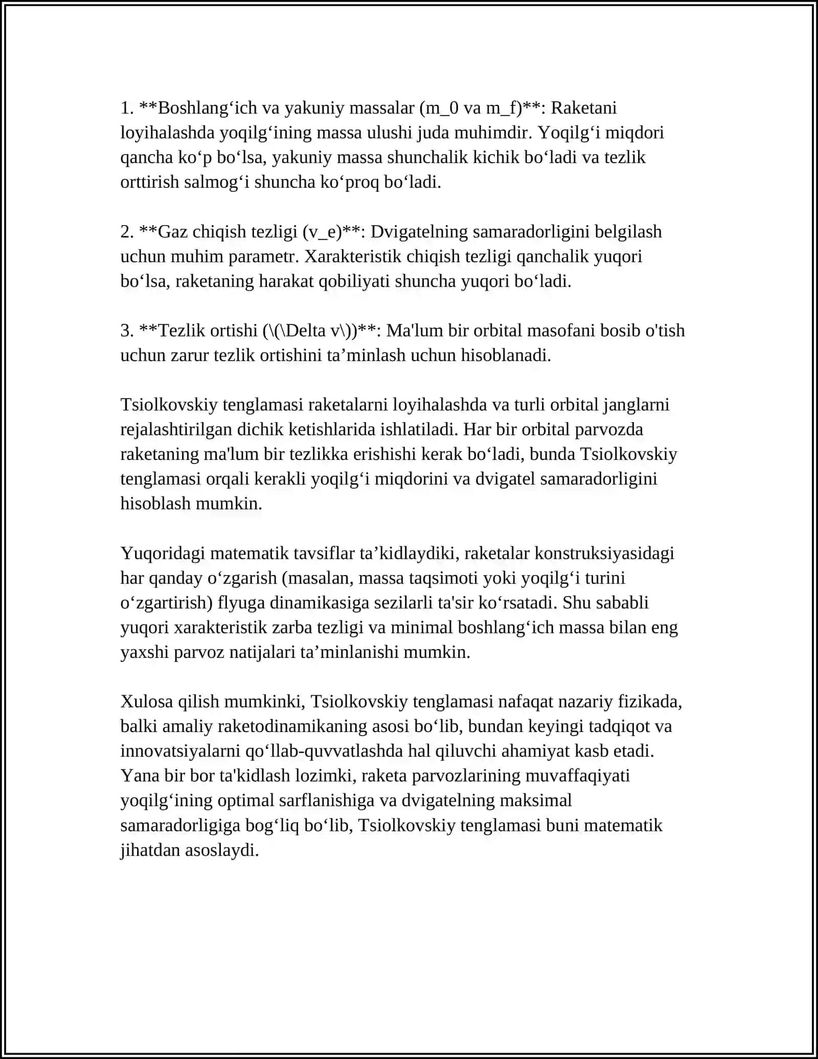 MUSTAQIL ISH Mavzu: SIOLKOVSKIY TENGLAMASINI KELTIRIB CHIQARISH 4