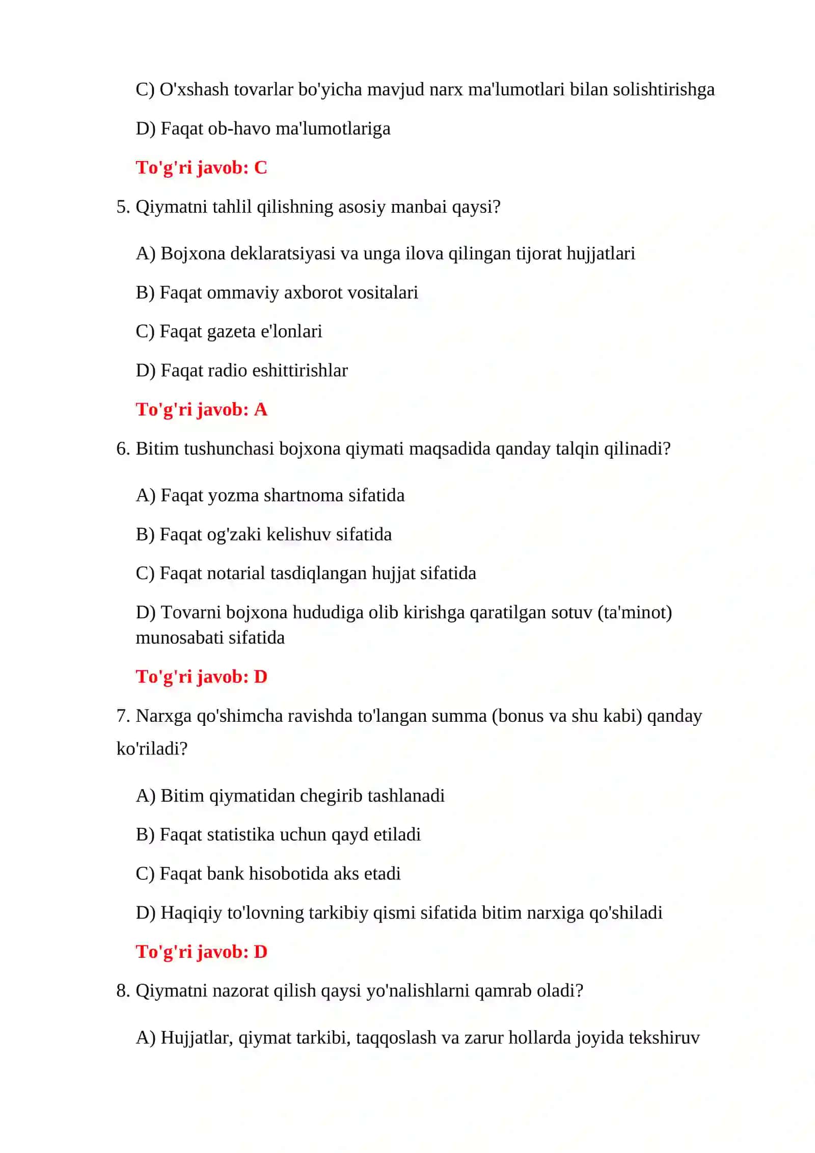 Bojxona test savollari javoblari bilan 4