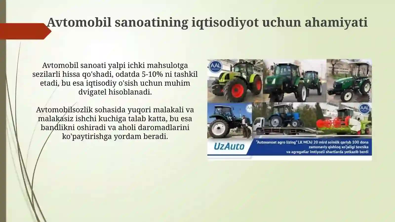 Qishloq xo’jaligi va Avtomobilsozlikni iqtisodiyot uchun ahamiyati va uning O’zbekistonga kirib 4