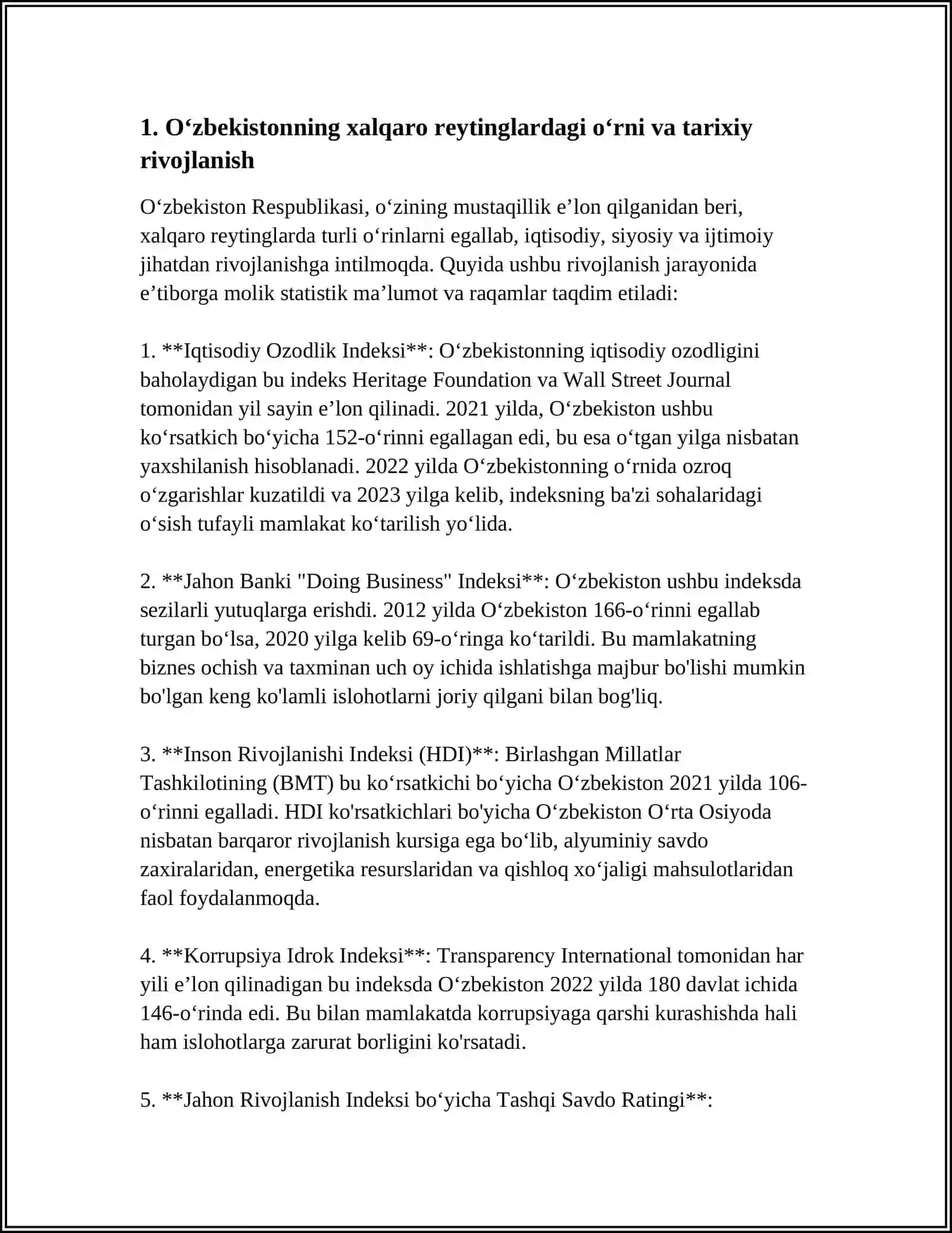 Oʻzbekistonni xalqaro reytinglardagi koʻrsatgichlarini koʻtarishning tarixiy va siyosiy ahmiyati 4