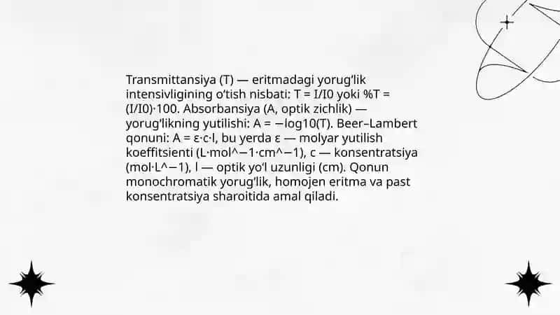 Optik metodlar moxiyati. Eritmalar tomonidan yorugʻlikning yutilish qonunlari 4