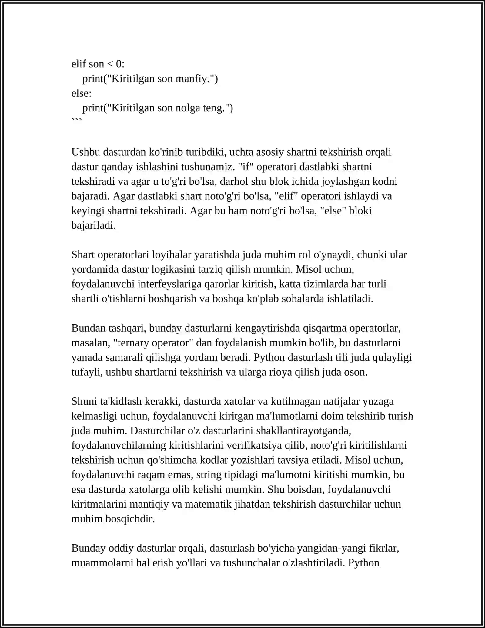 PYTHON DASTURLASH TILIDA SHART OPERATORLARI MAVZUSIDA LOYIHALAR,DASTURLAR TAYYORLASH 4