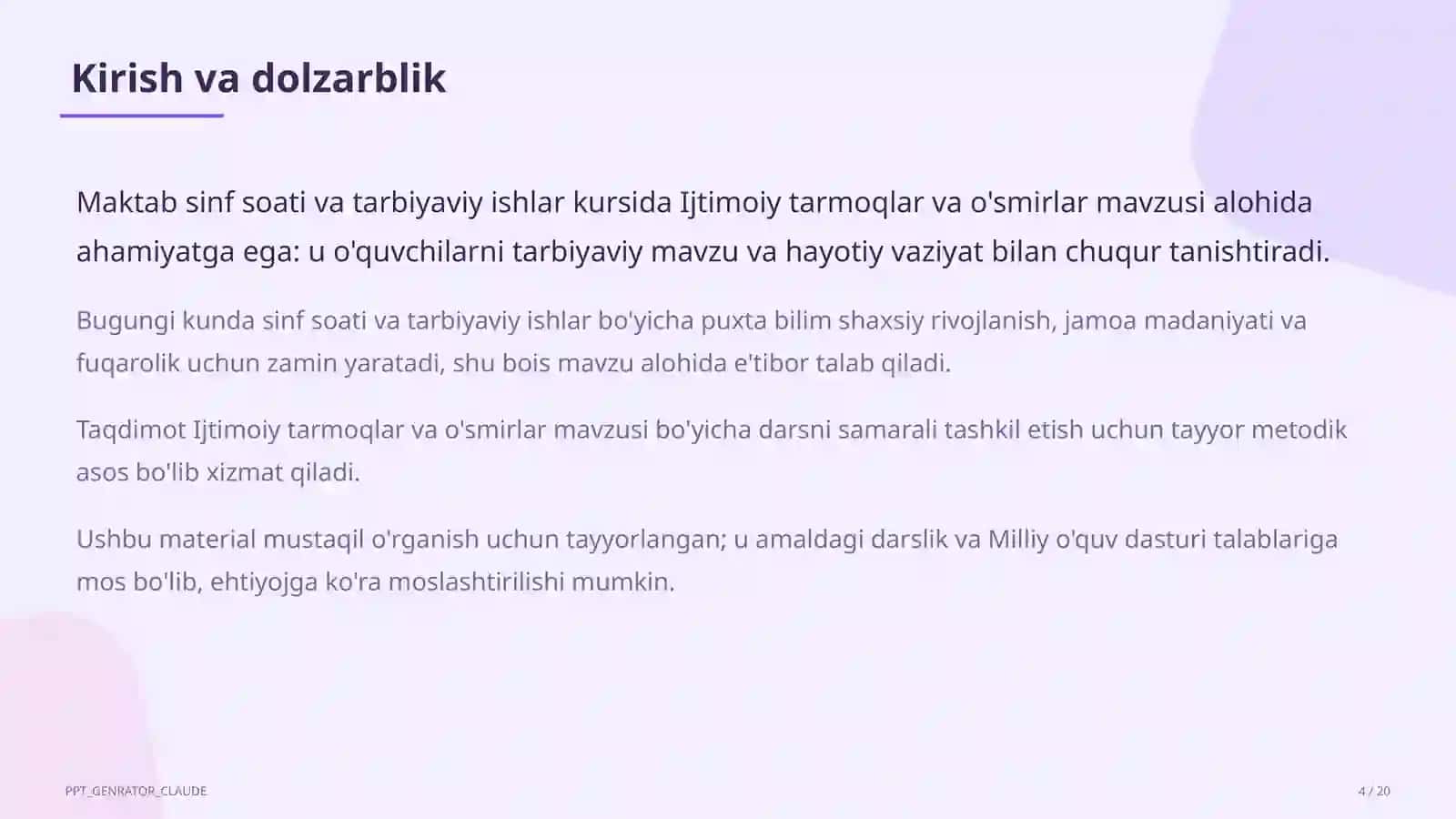 Sinf soati va tarbiyaviy tadbirlar (1–11) 4