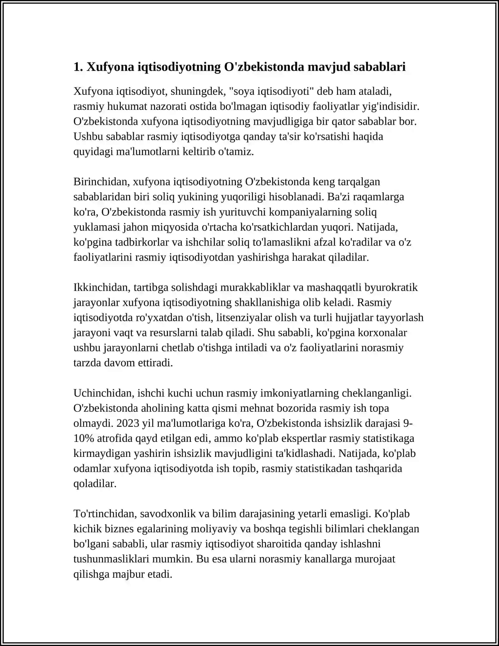 O'ZBEKISTONDA XUFYONA IQTISODIYOTNI KAMAYTIRISH YO'LLARI VA UNGA QARSHI CHORA-TADBIRNING AHAMIYATI 4