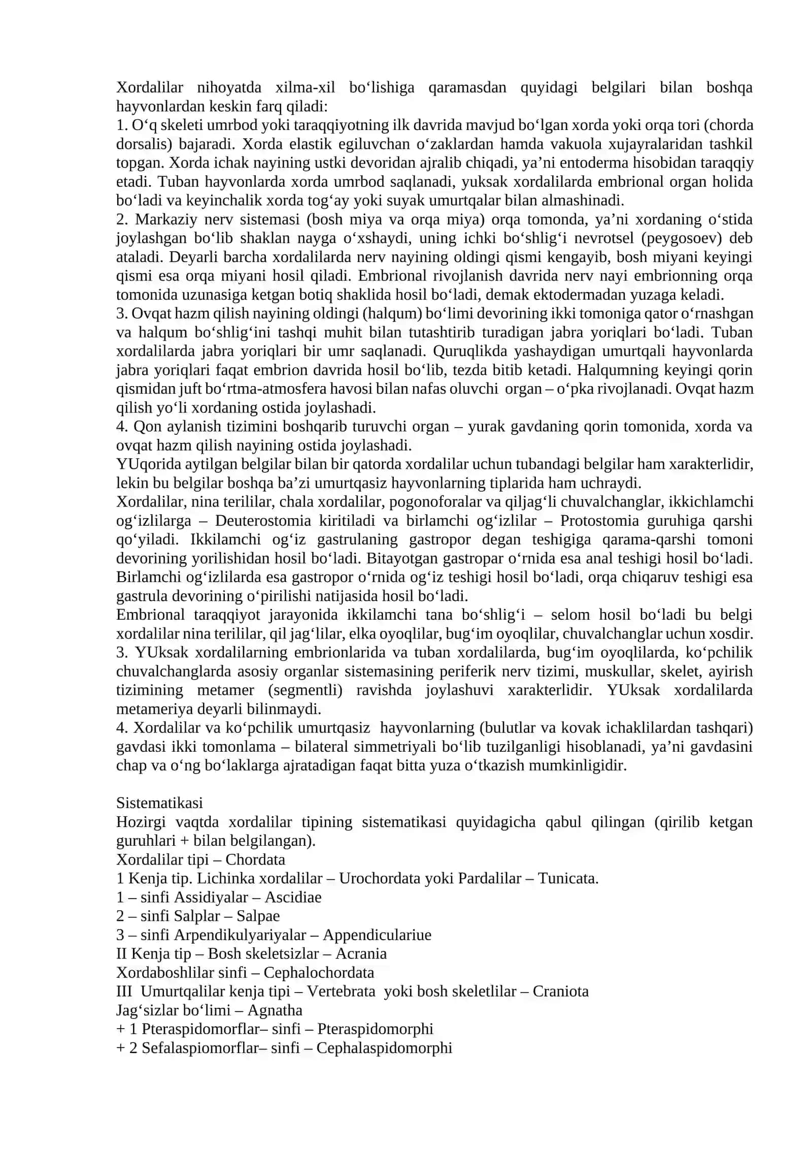 Xordalilar tipi (Chordata). Bosh skeletsizlar-Acrania kenja. tipi Umurtqalilar-Vertebrata yoki Bosh skeletlilar -Craniata kenja tipi 4