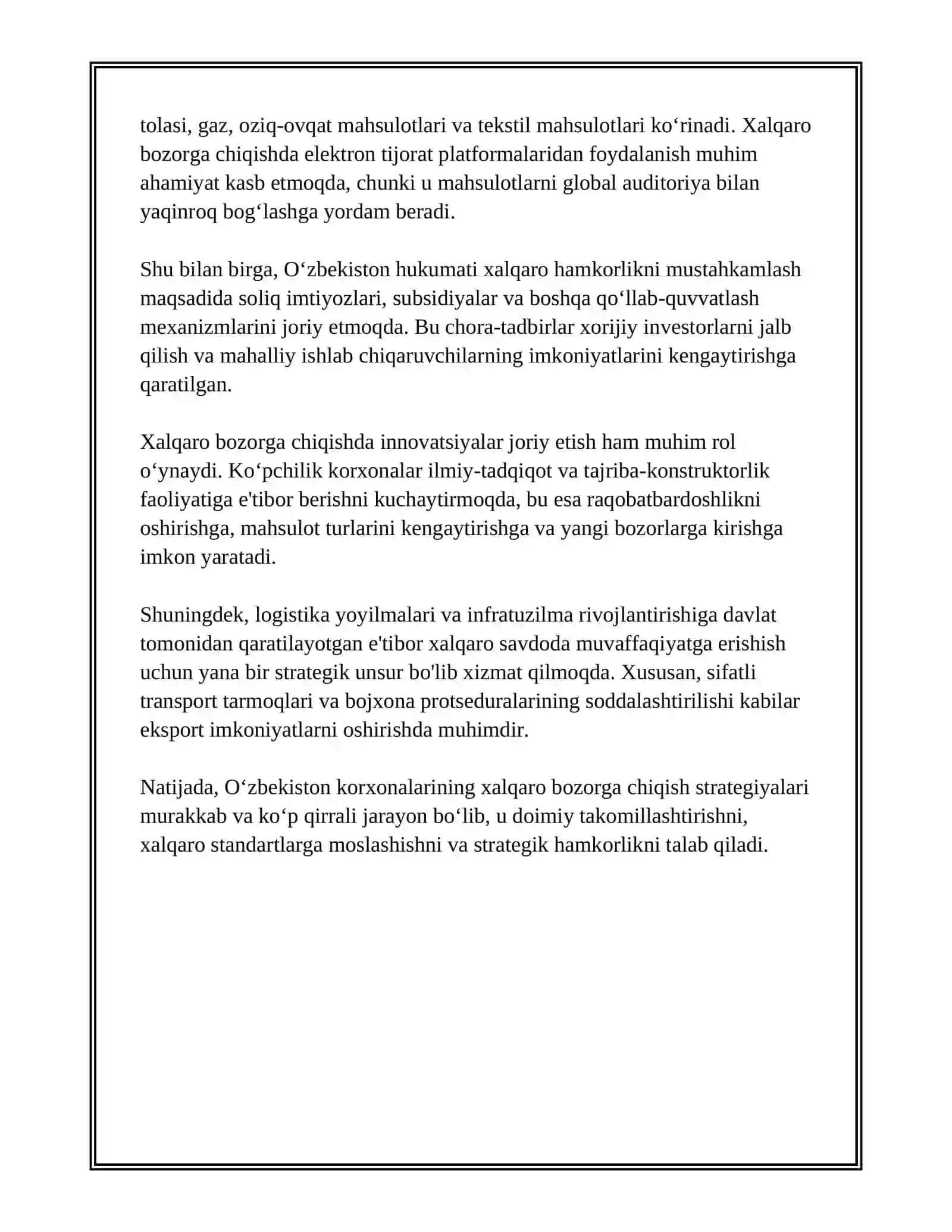 Oʻzbekiston korxonalarining xalqaro bozorga chiqish strategiyalari 4