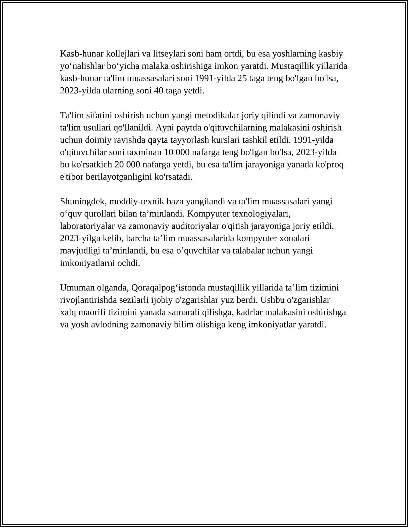 MUSTAQILLIK YILLARIDA QORAQALPOGʻISTON RESPUBLIKASIDA TAʼLIM, ILM FAN VA MADANIYAT 4
