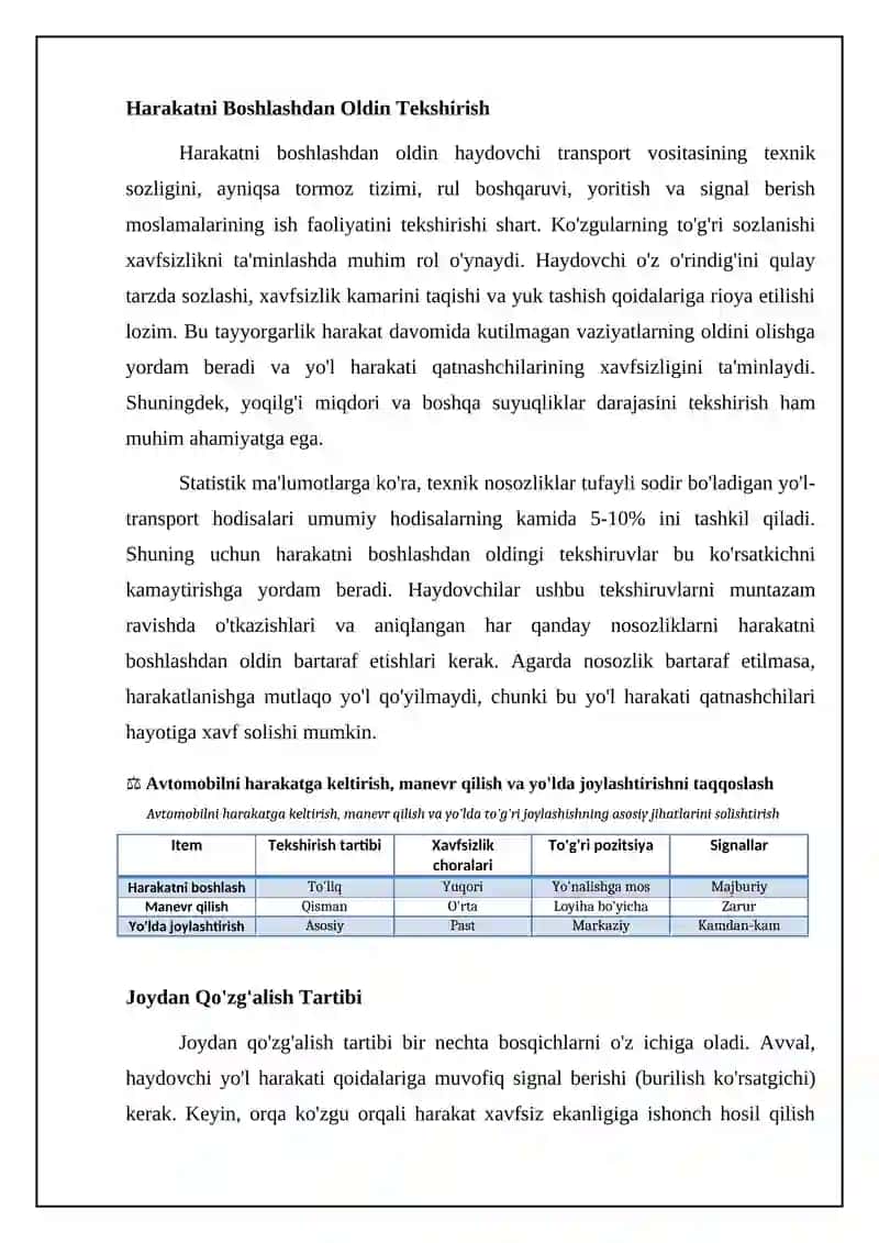 Harakatlanishni boshlash manyovr qilish va yoʻlning qatnov qismida transportlar joylashuvi 4