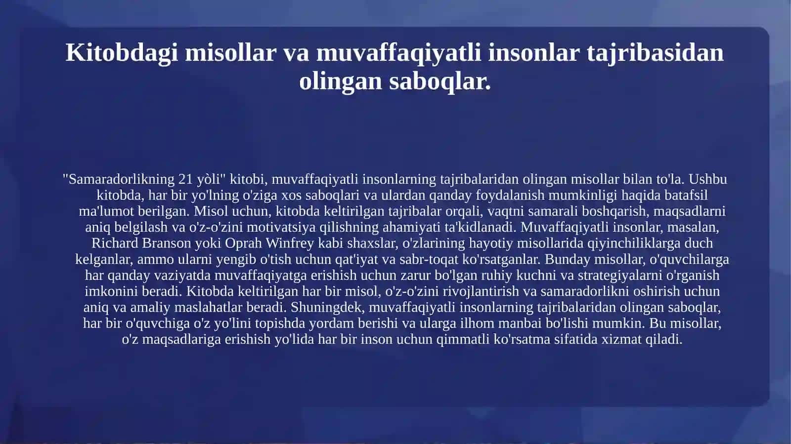 Samaradorlikning 21 yòli kitob 4