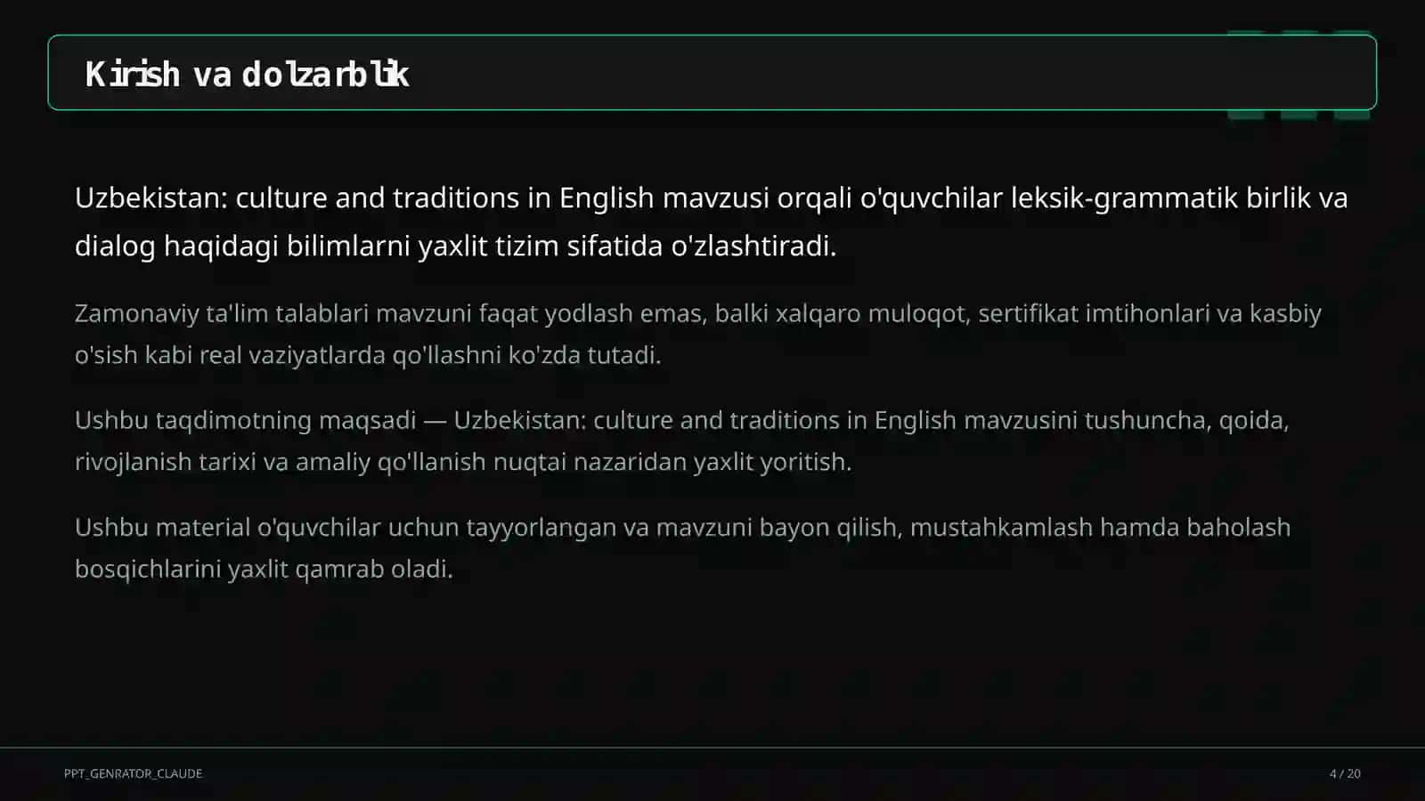 Uzbekistan: culture and traditions in English (8-sinf) Ingliz tili (1– 11) — o'quvchilar uchun 4