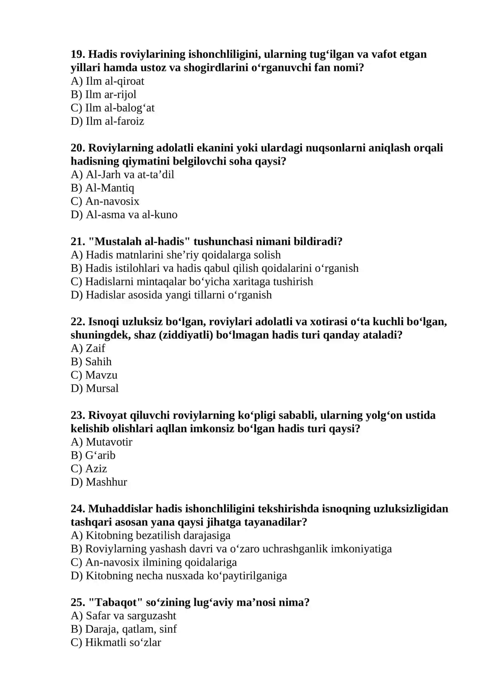 Hadisshunoslik fanidan kirish qismiga 30 ta test 4