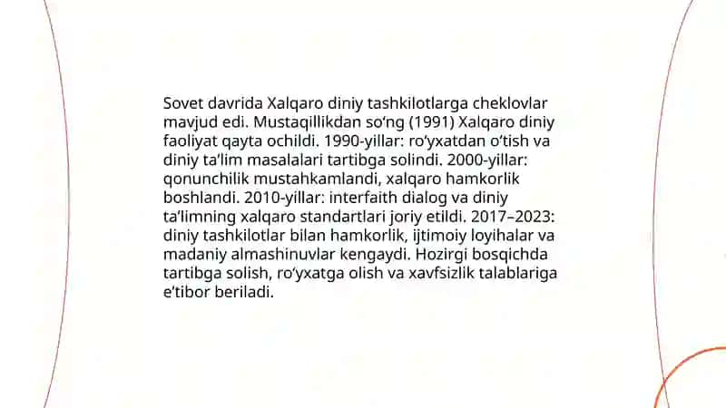 O'zbekistenda faoliyat yurituvehi diniy tashkilotlar. Xalgaro diniy tashkilotlar faoliyatining tarixi va ularing bargaror rivojlanish maqsadlariga erishishdagi ahamiyati 4