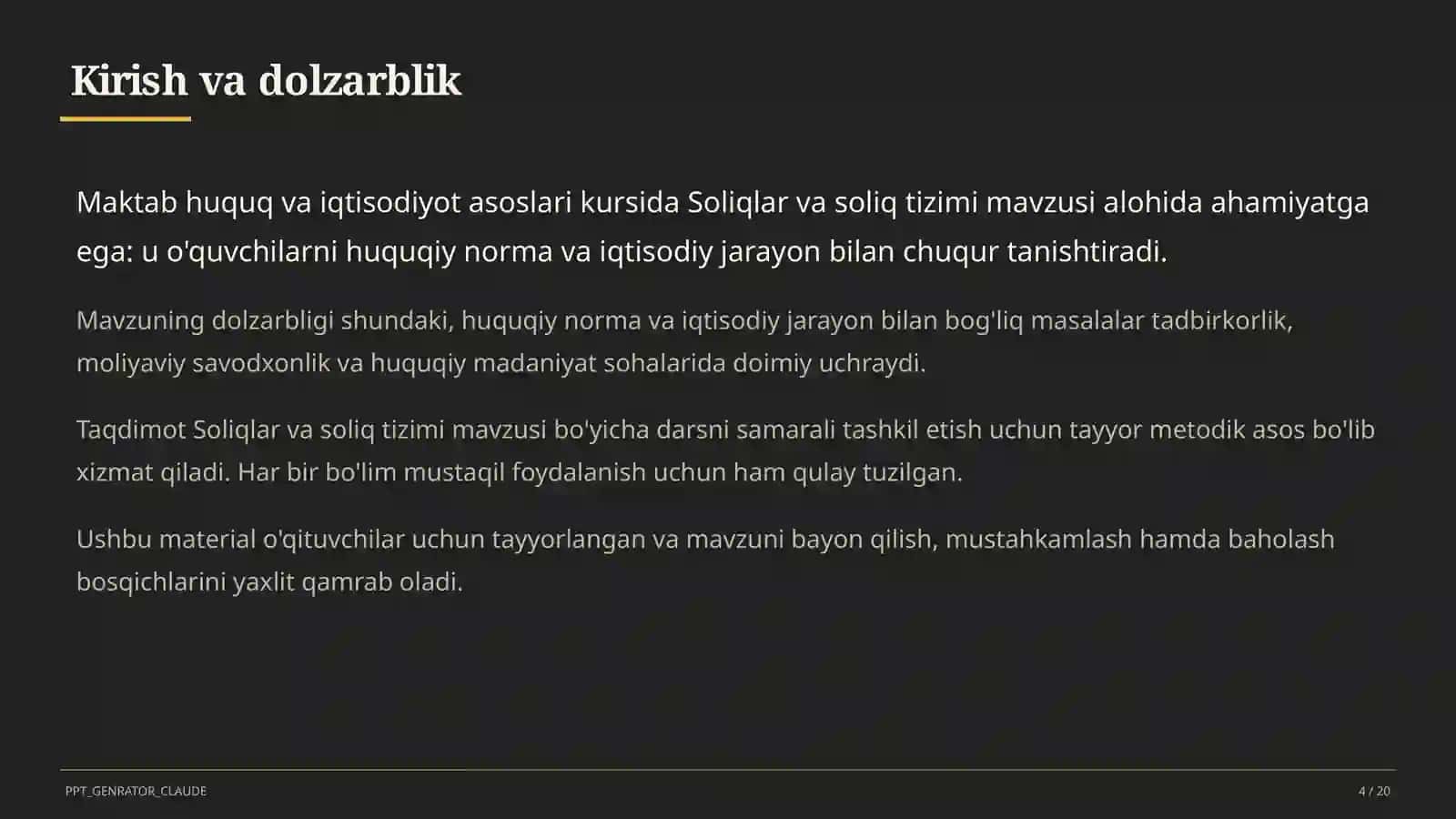 Soliqlar va soliq tizimi (10-sinf) Huquq va iqtisodiyot asoslari (9– 11) — o'qituvchilar uchun 4