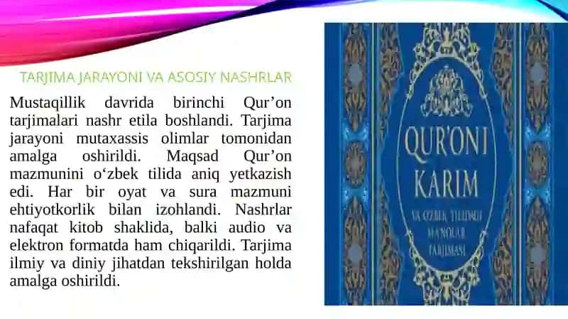 mustaqillik yillarida qur'onning o'zbek tiliga haqida tarjima qilinishi ppt 4
