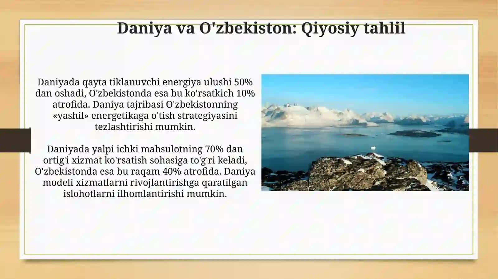 Daniya haqida va barcha tarmoqlari raqamlarda O'zbekiston uchun qanday namunalar olsak bo'ladi 4