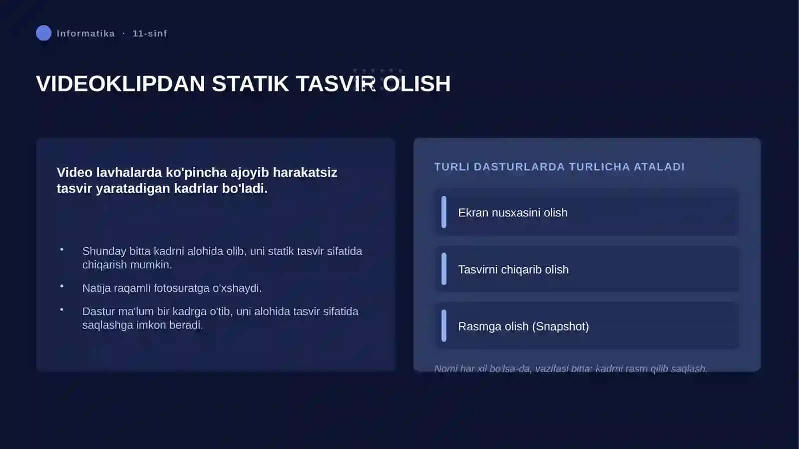 VIDEOKLIPDAN TASVIR HOSIL QILISH. VIDEOKLIPGA OVOZLI MA'LUMOT QO'SHISH VA O'CHIRISH 4