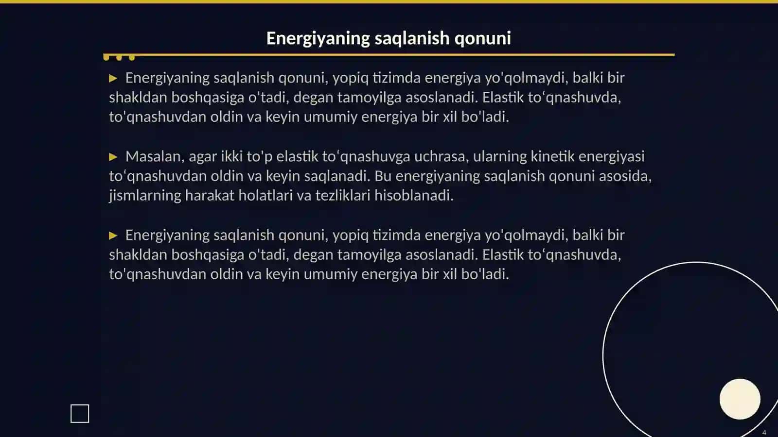 Elastik toʻqnashuvda energiya va impuls saqlanish qonuni tekshirish 4