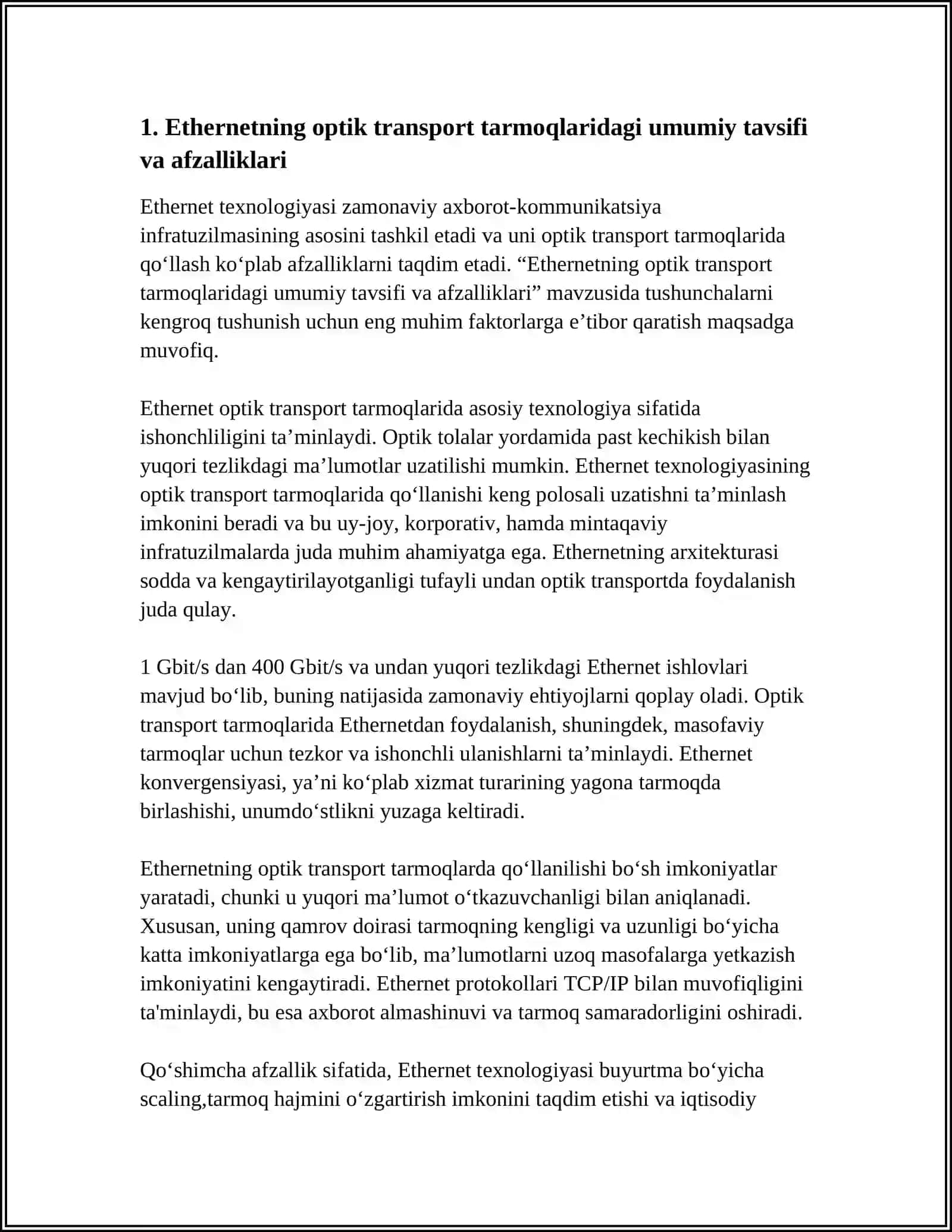Ethernetning optik transport tarmoqlaridagi umumiy tavsifi va afzalliklari 4