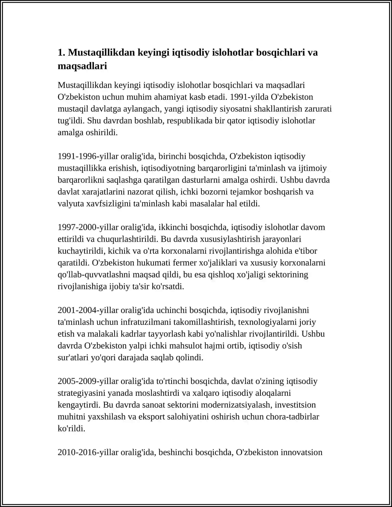 IQTISODIY ISLOHOTLAR, XUSUSIY MULKCHILIKNING SHAKLLANISHI. OʻZBEKISTONDA BOZOR MUNOSABATLARINI RIVOJLANISHI 4