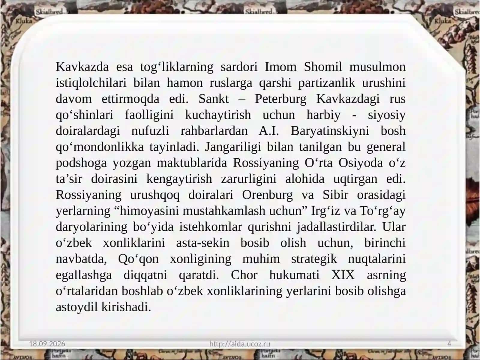O‘rta Osiyoxonliklarining Rossiya imperiyasi tomonidan bosibolinishi 4