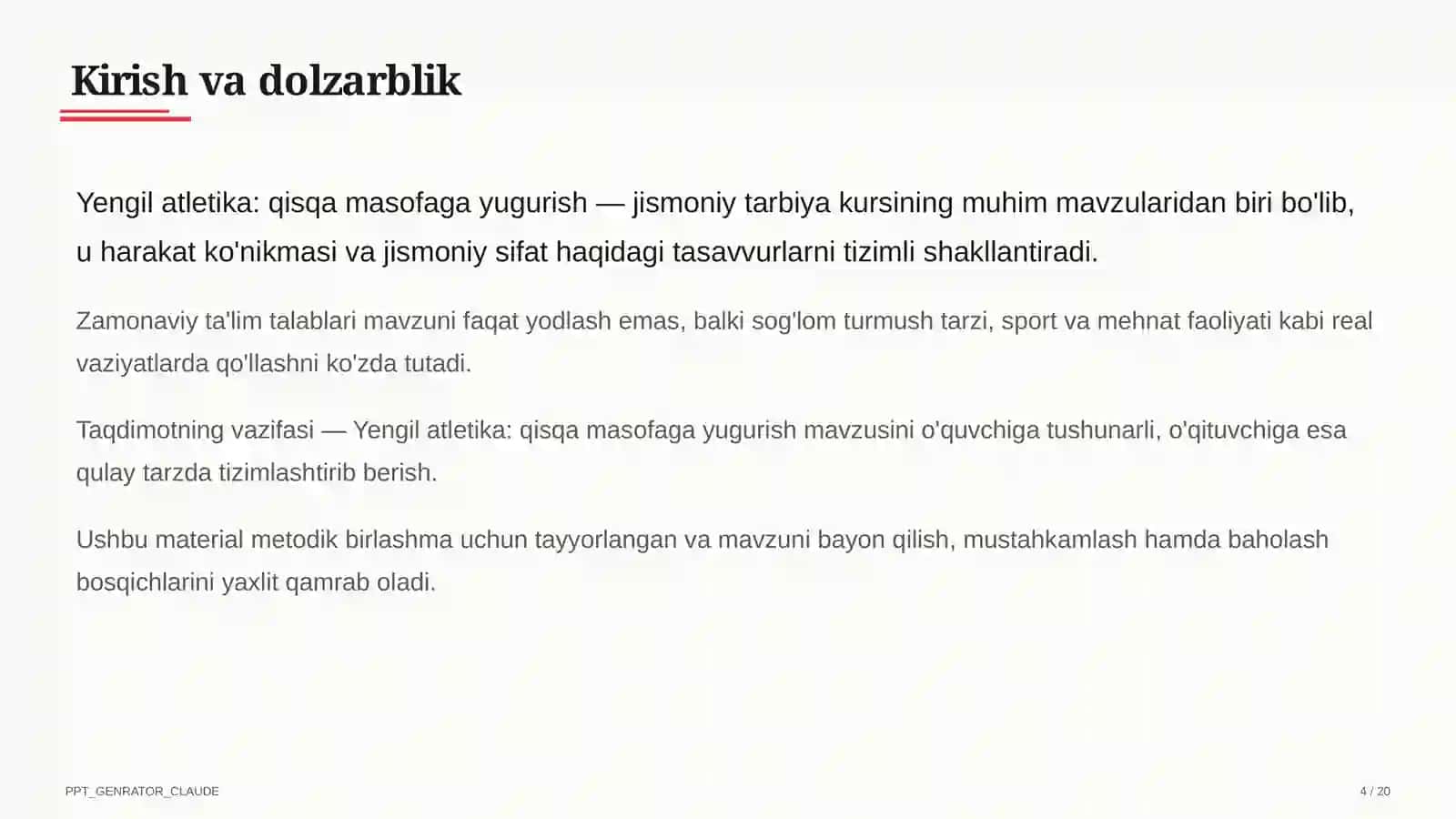 Yengil atletika: qisqa masofaga yugurish (4-sinf) 4