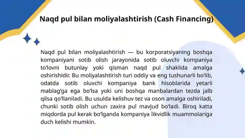 Korporatsiyalarda birlashtirish va qo’shib olishlarni moliyalashtirish usullari 4