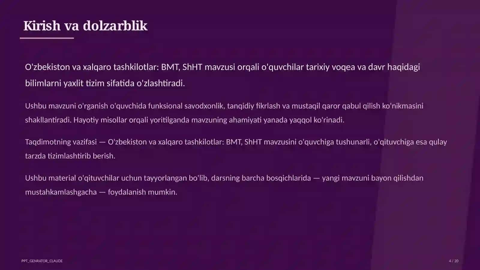 O'zbekiston va xalqaro tashkilotlar: BMT, ShHT (11-sinf) 4