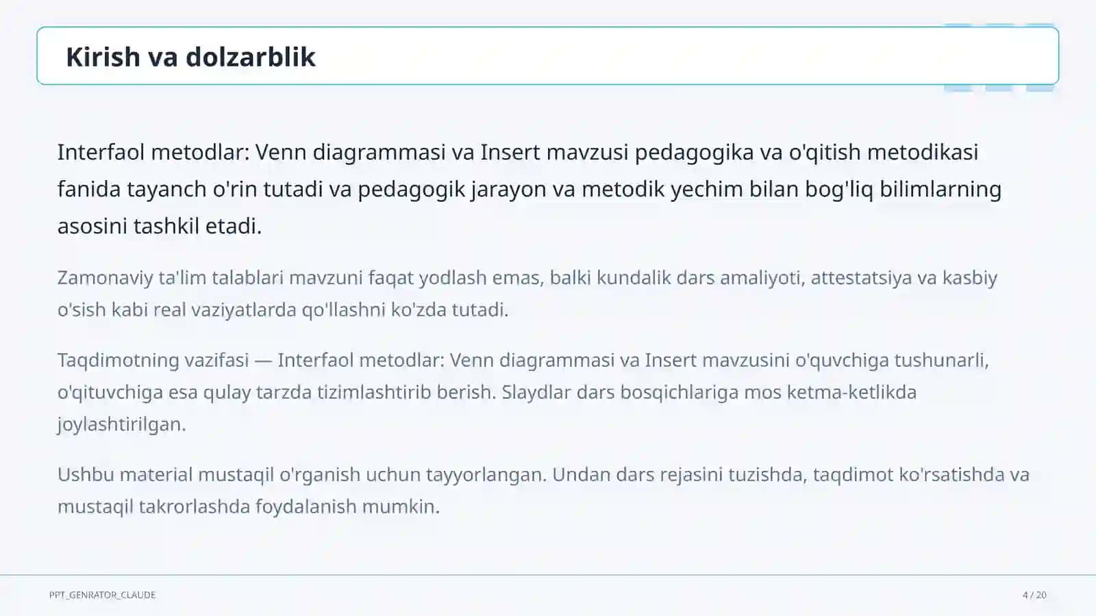Interfaol metodlar: Venn diagrammasi va Insert 4
