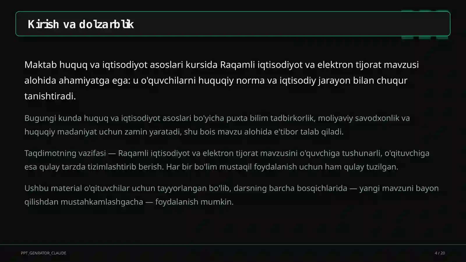 Huquq va iqtisodiyot asoslari (9– 11) — o'qituvchilar uchun 4