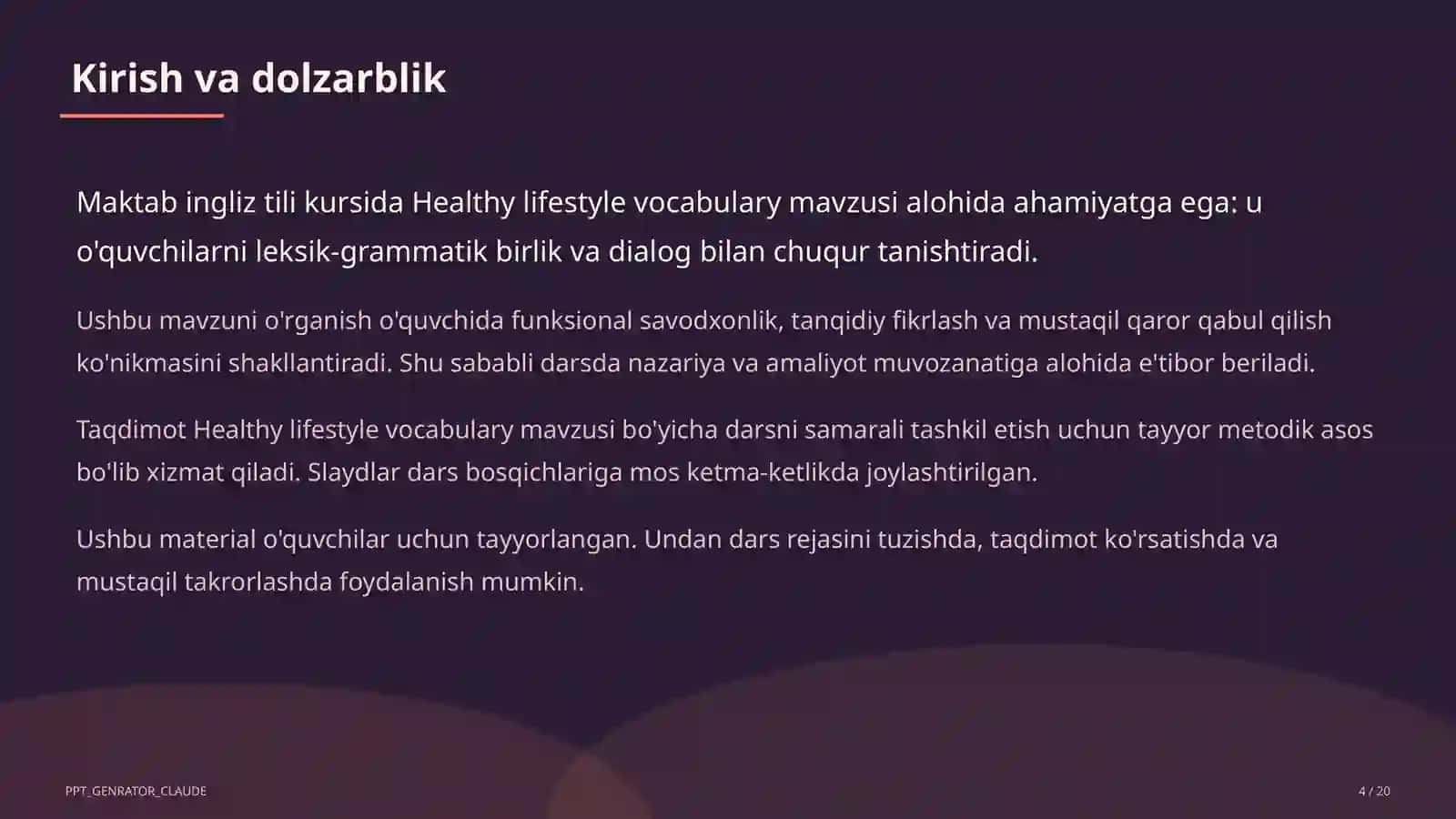 Healthy lifestyle vocabulary (7-sinf) 4