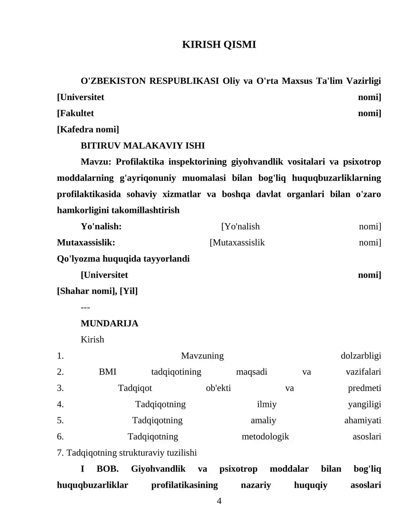 Profilaktika inspektorining giyohvandlik vositalari va psixotrop moddalarning g'ayriqonuniy muomalasi bilan bog'liq huquqbuzarliklarning profilatikasida sohaviy xizmatlar va boshqa davlat organlari bilan o'zaro hamkorligini takomillashtirish 4