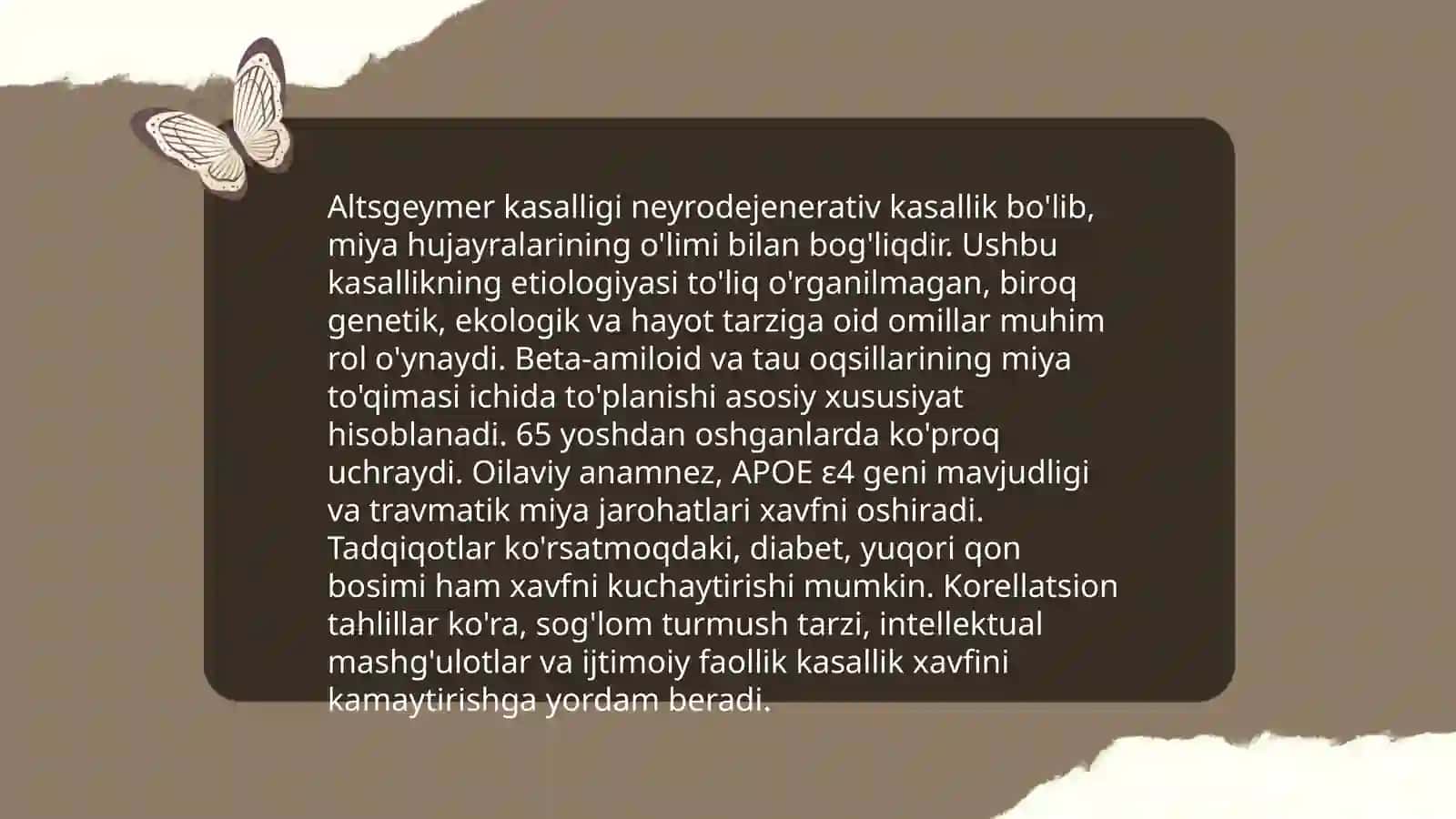 Neyrodegenerativ kasalliklar (Altsgeymer, Parkinson kasalliklari, Gentington xoreyasi) 4