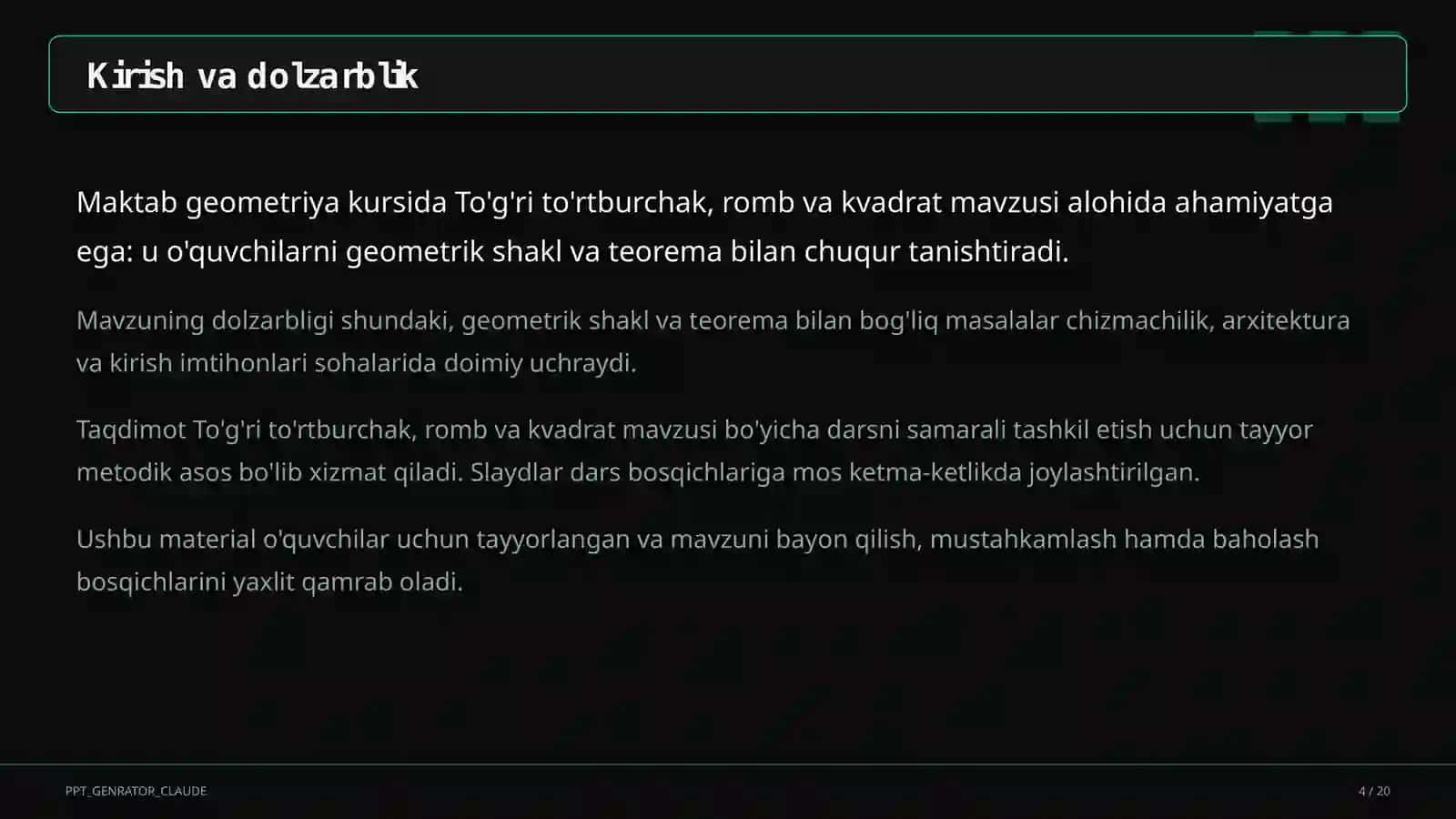 To'g'ri to'rtburchak, romb va kvadrat (8-sinf) 4