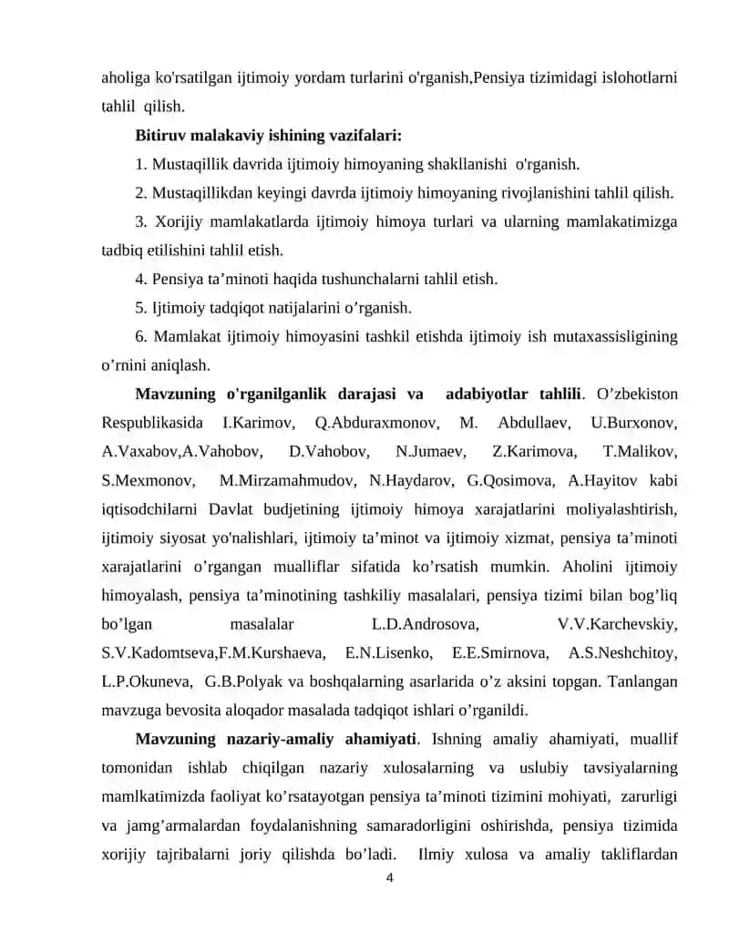 Aholini ijtimoiy himoya qilish tizimida ijtimoiy ish mutaxassisligining o’rni pensiya ta’minoti misolida 4