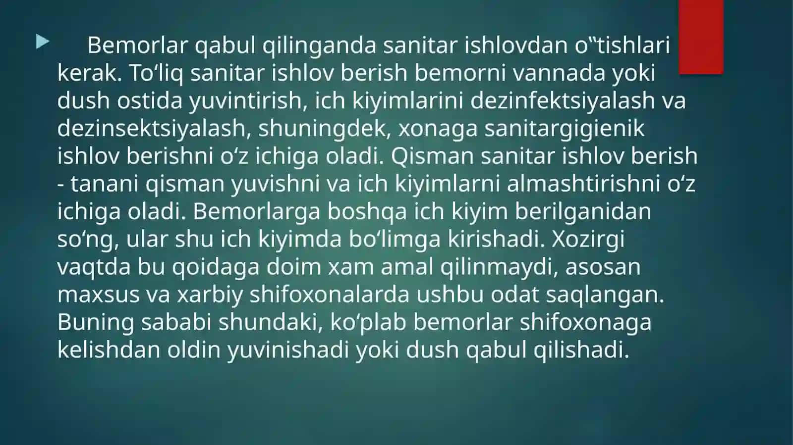 XIRURGIK BEMORLARNI QABUL QILISH. SANITAR ISHLOV BERISH. SARALASH 4