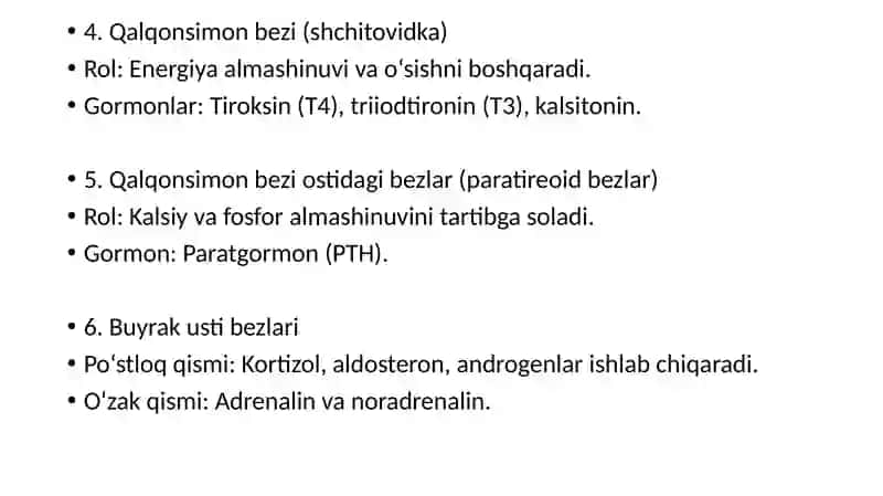 Endokrin bezlar fiziologiyasi. Gipotalamo-gipofizar tizim. Qalqonsimon va qalqon oldi bezi. Buyrak usti bezi fiziologiyasi. 4