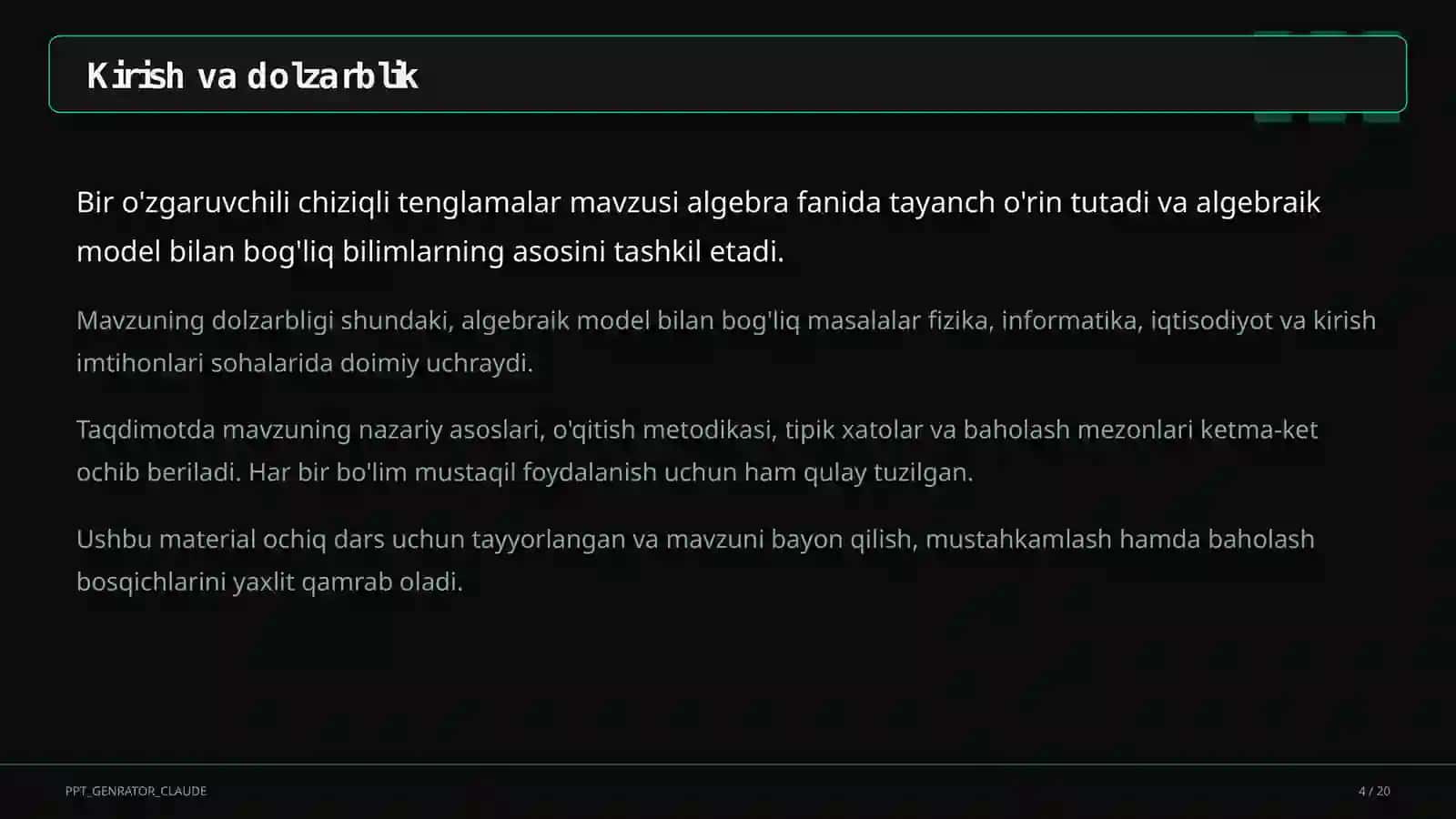 Bir o'zgaruvchili chiziqli tenglamalar (7-sinf) 4