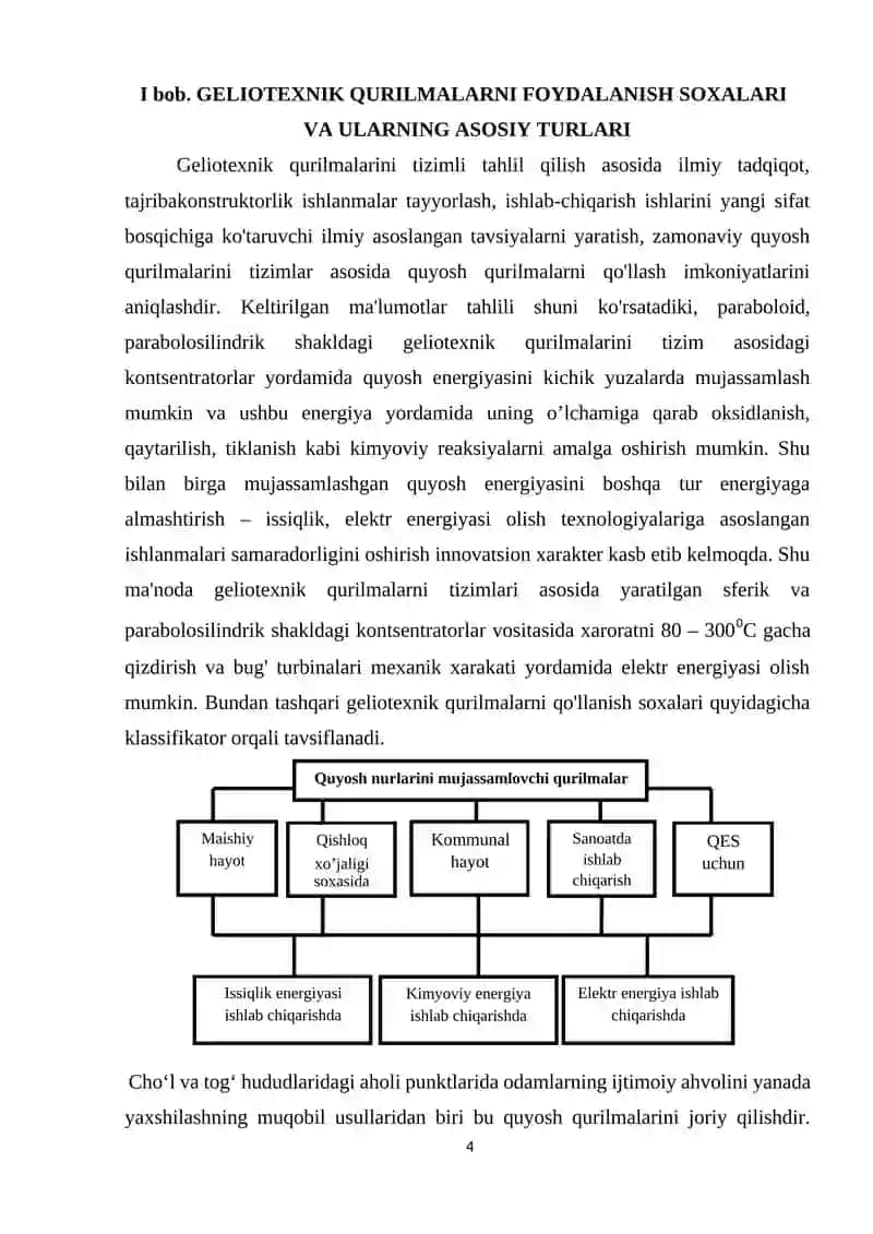 Geliotexnik qurilmalarni foydalanish soxalari va ularning asosiy 4