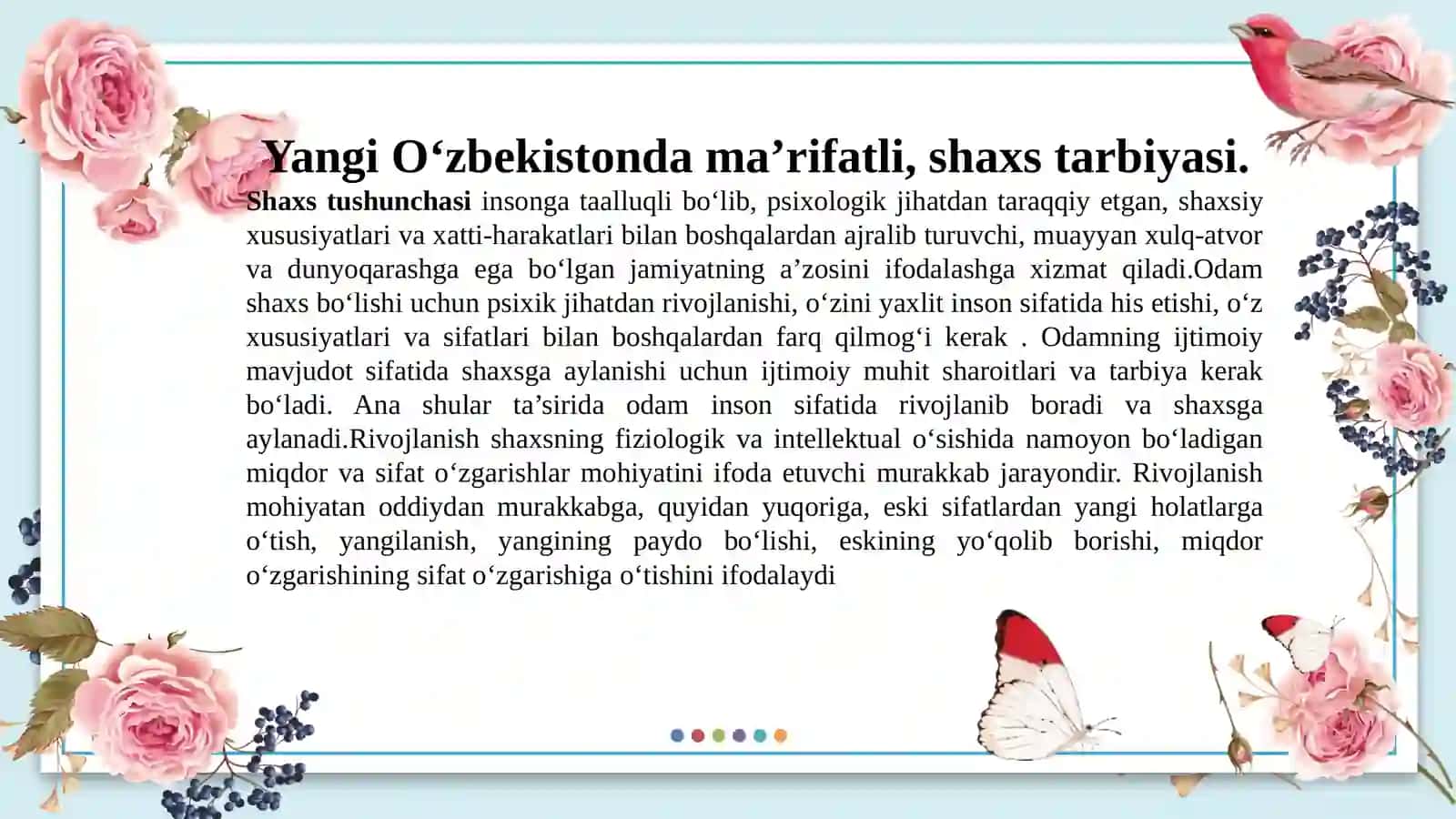 Bilim, taraqqiyotga oʻtish borasida kompetensiyalarni shakllantirish. Maʼruza va amaliy mashgʻulotlar, shuningdek, reyting nazorati uchun keyslar va testlar toʻplamini shakllantirish 4