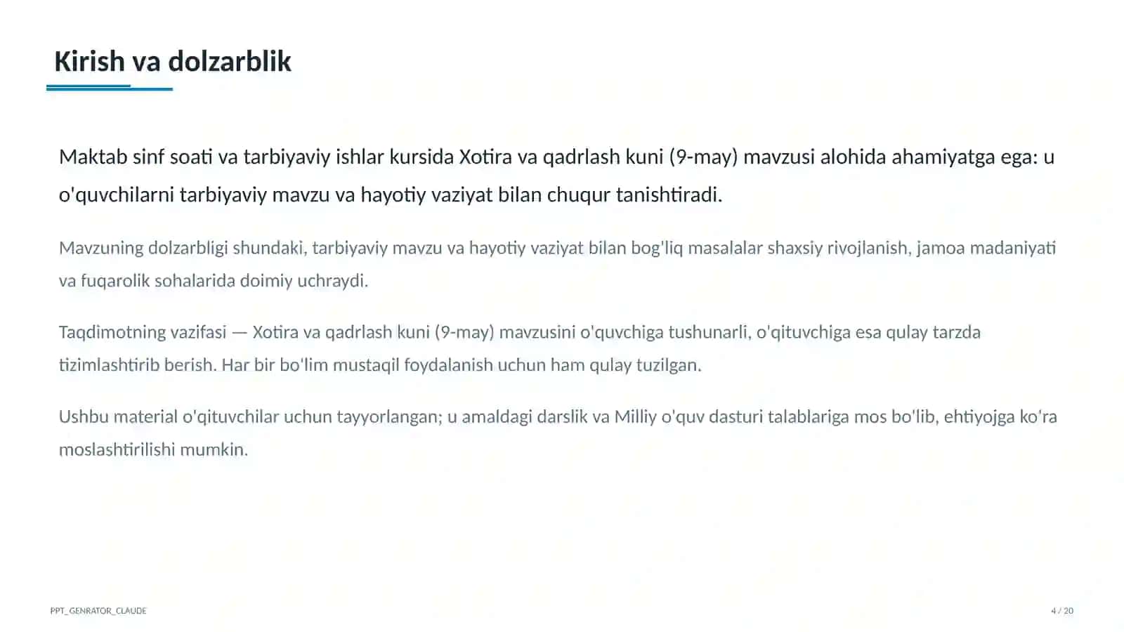 Sinf soati va tarbiyaviy tadbirlar (1–11) — o'qituvchilar uchun 4