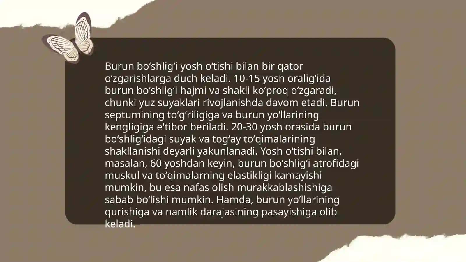 Nafas yoʻllari:burun boʻshligʻi hiqildoq kekirdak va bronxlarning tuzilishi ularning yoshga qarab oʻzgarishi 4