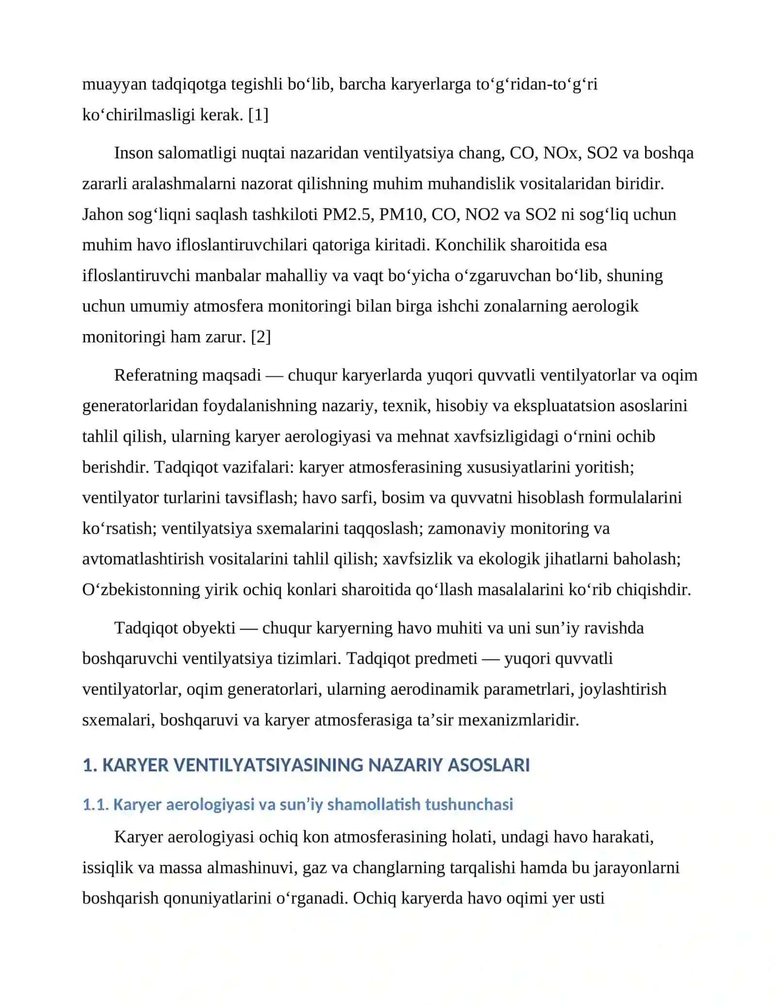 Karyer ventilyatsiyasida yuqori quvvatli ventilyatorlar va oqim generatorlaridan foydalanish 4