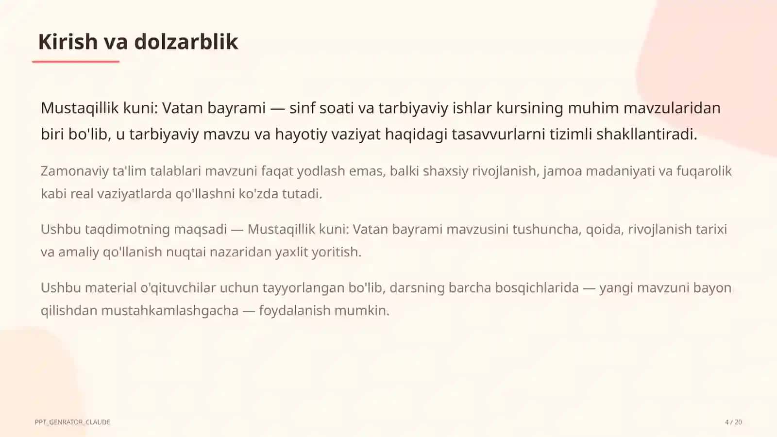 Sinf soati va tarbiyaviy tadbirlar (1–11) - o'qituvchilar uchun 4