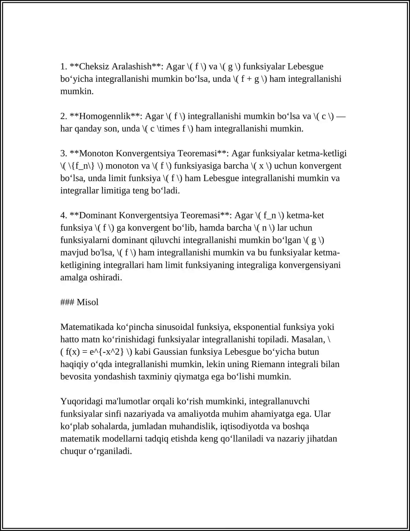 INTEGRALLANUVCHI FUNKSIYALAR SINFI.ANIQ INTEGRALNING XOSSALARI.OʻRTA QIYMATI HAQIDAGI TEOREMA.YUQORI CHEGARASI OʻZGARUVCHI BULGAN ANIQ INTEGRAL.ANIQ INTEGRALNI HISOBLASH ANIQ INTEGRALNING TADBIRLARI.ANIQ INTEGRALNI TAQRIBIY HISOBLASH 4