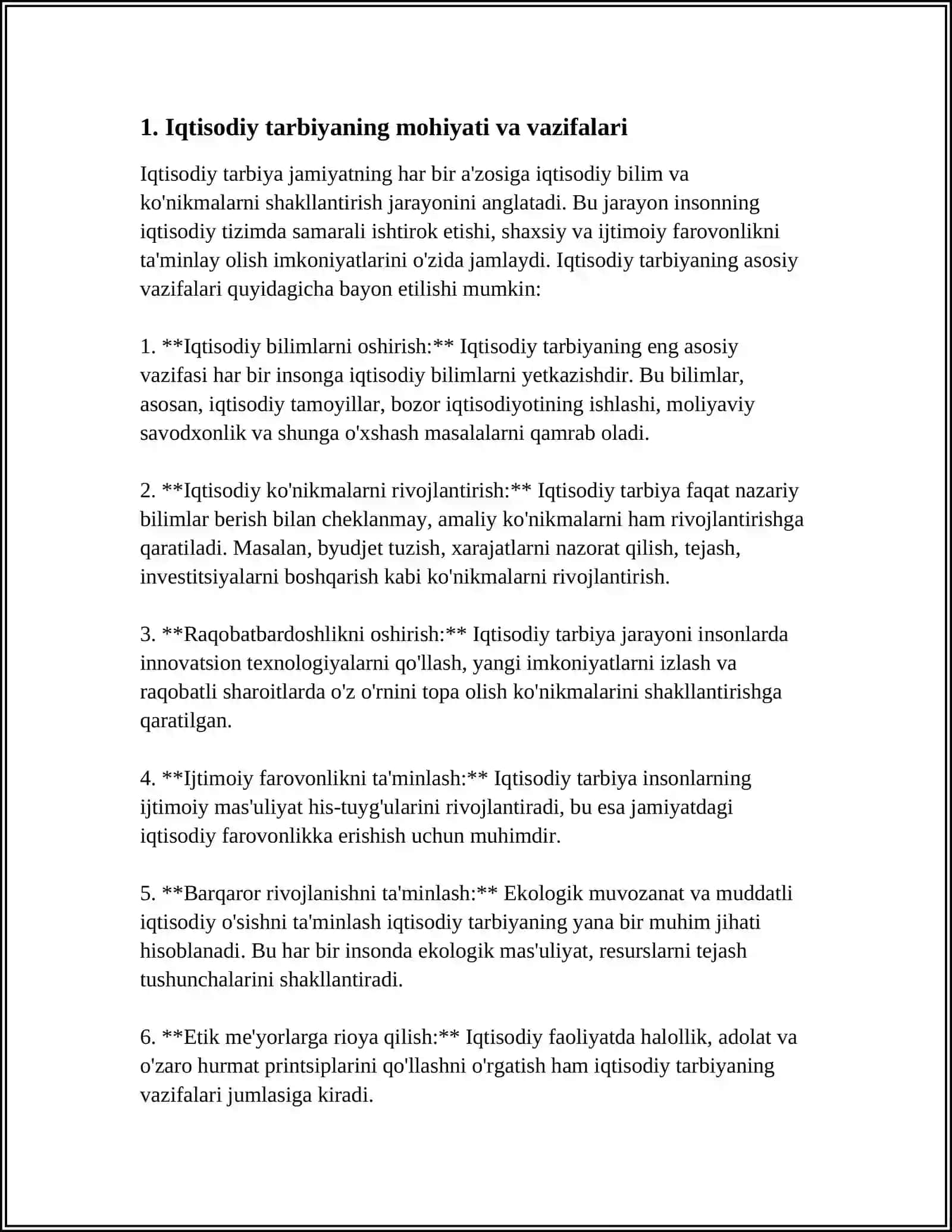 TARBIYA JARAYONINING OʻZIGA XOS XUSUSIYATLARI IQTISODIY TARBIYA,EKALOGIK TARBIYA,OʻQUVCHILARDA ONGLI INTIZOMLILIKNI TARBIYALASHGA DOIR MUAMMOLI VAZIYATLAR VA YECHIMLARI MISOL TUZISH 4
