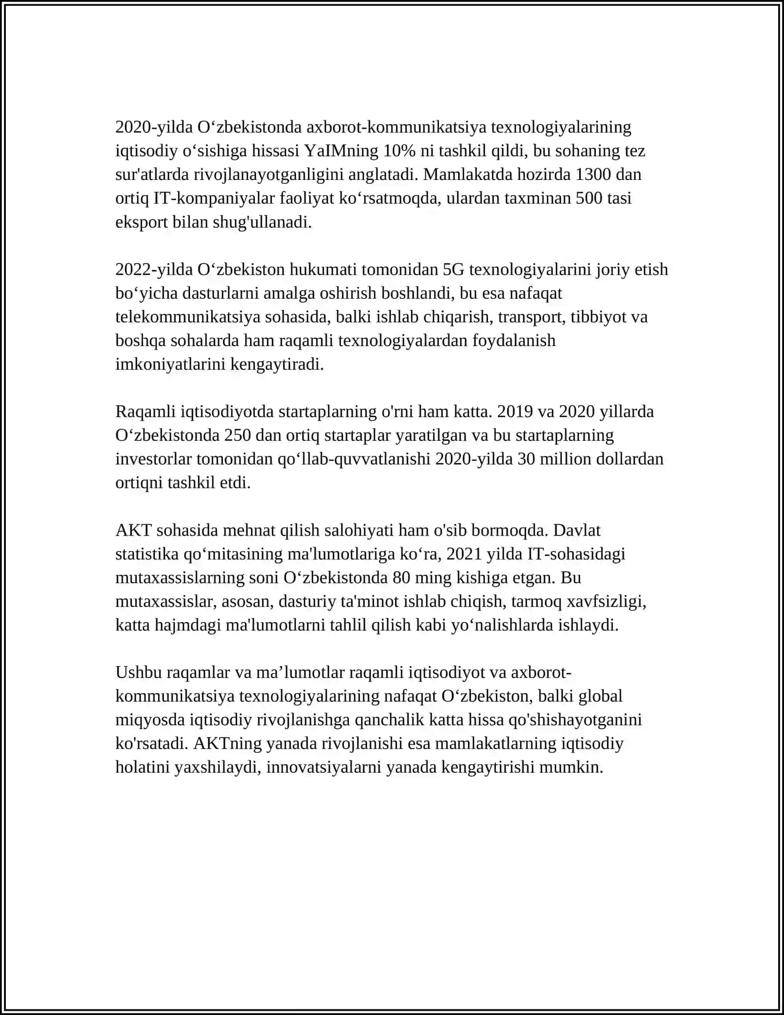 AXBOROT-KOMMUNIKATSIYA TEXNOLOGIYALARINING IQTISODIYOTDAGI O'RNI VA VAZIFALARI 4