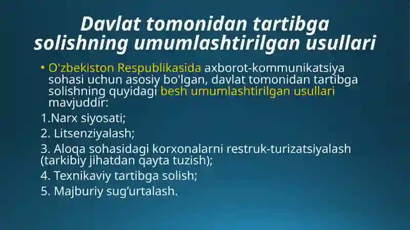 ALOQA KORXONALARINI FAOLIYATINING DAVLAT  TOMONIDAN TARTIBGA SOLINISHI 4