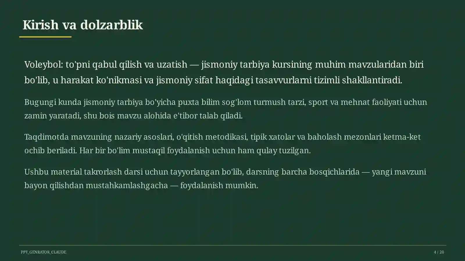 Voleybol: to'pni qabul qilish va uzatish (5-sinf) 4
