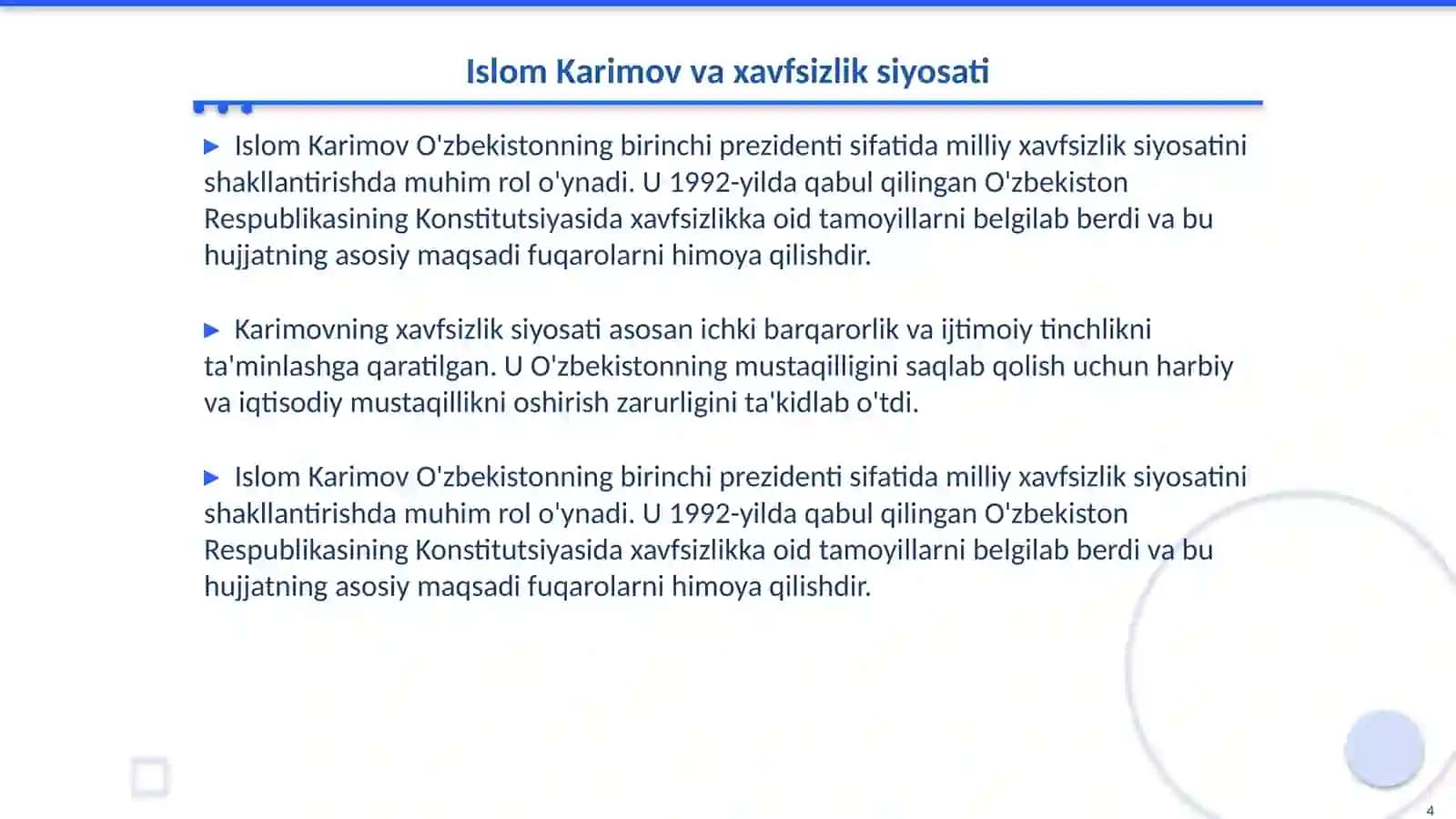 Islom Karimov asarlarida mustaqil O'zbekiston milliy xavfsizlik asoslari 4